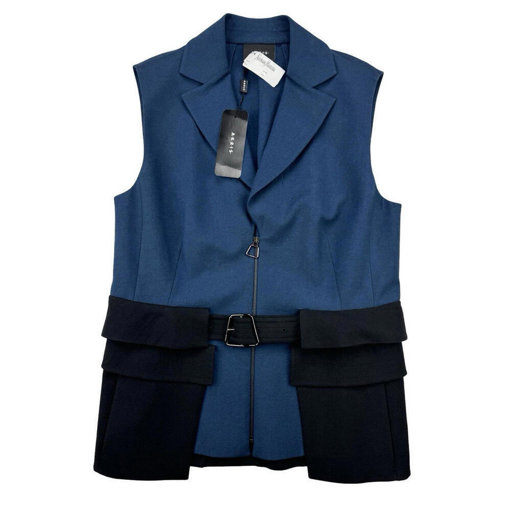 Akris Punto Cotton Silk Blend Belted Gilet Vest Blue Black Size US 10
